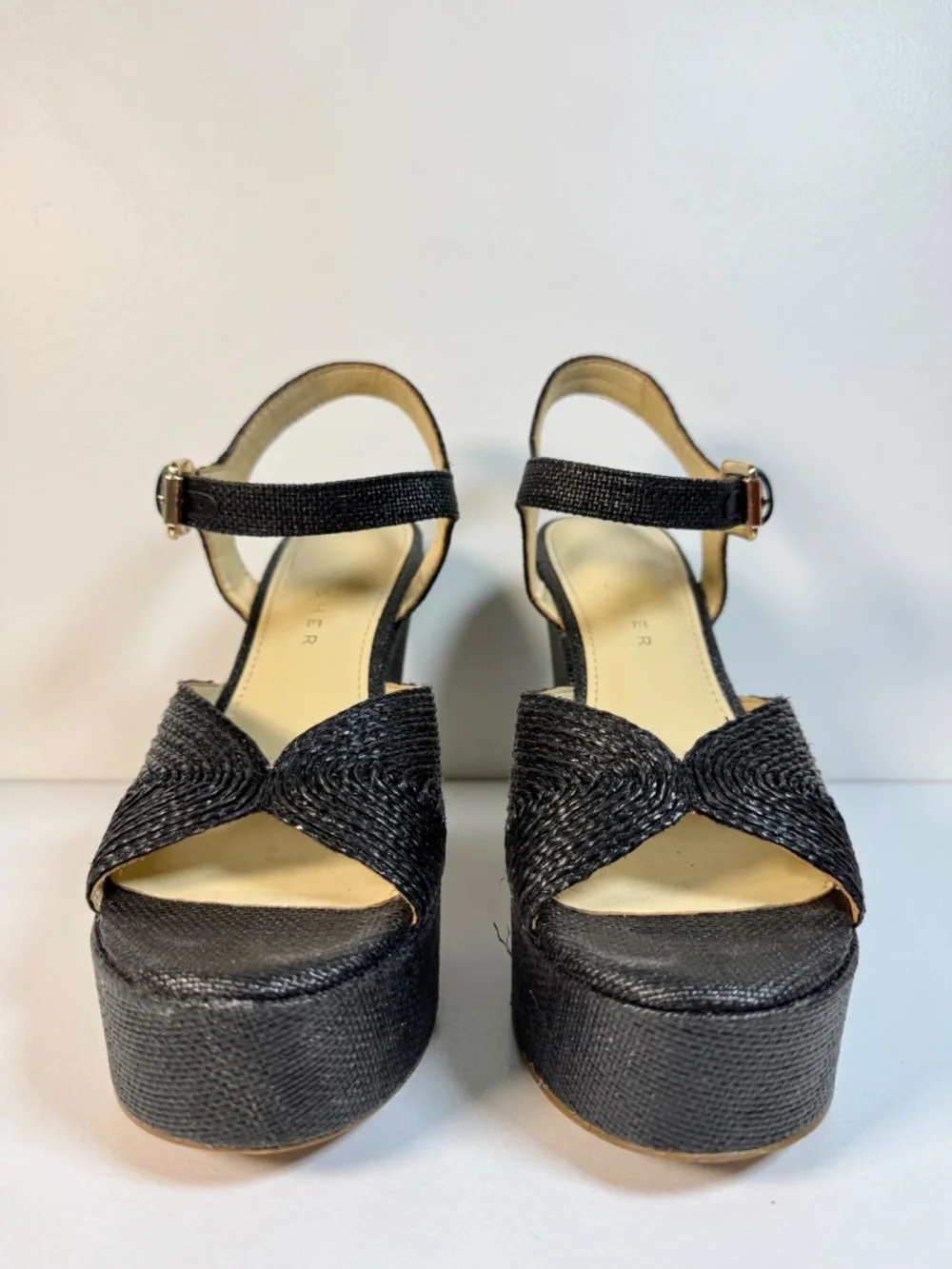 Marc Fisher LTD Black Raffia Platform Sandals | Woven Chunky Block Heel | Size 7